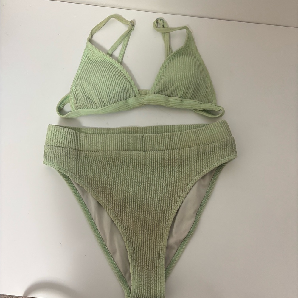 ROMWE Light Green Ribbed Triangle Bikini Set